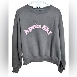 Gray Sweatshirt with Pink 'Après Ski' Print, S, oversized Comfy